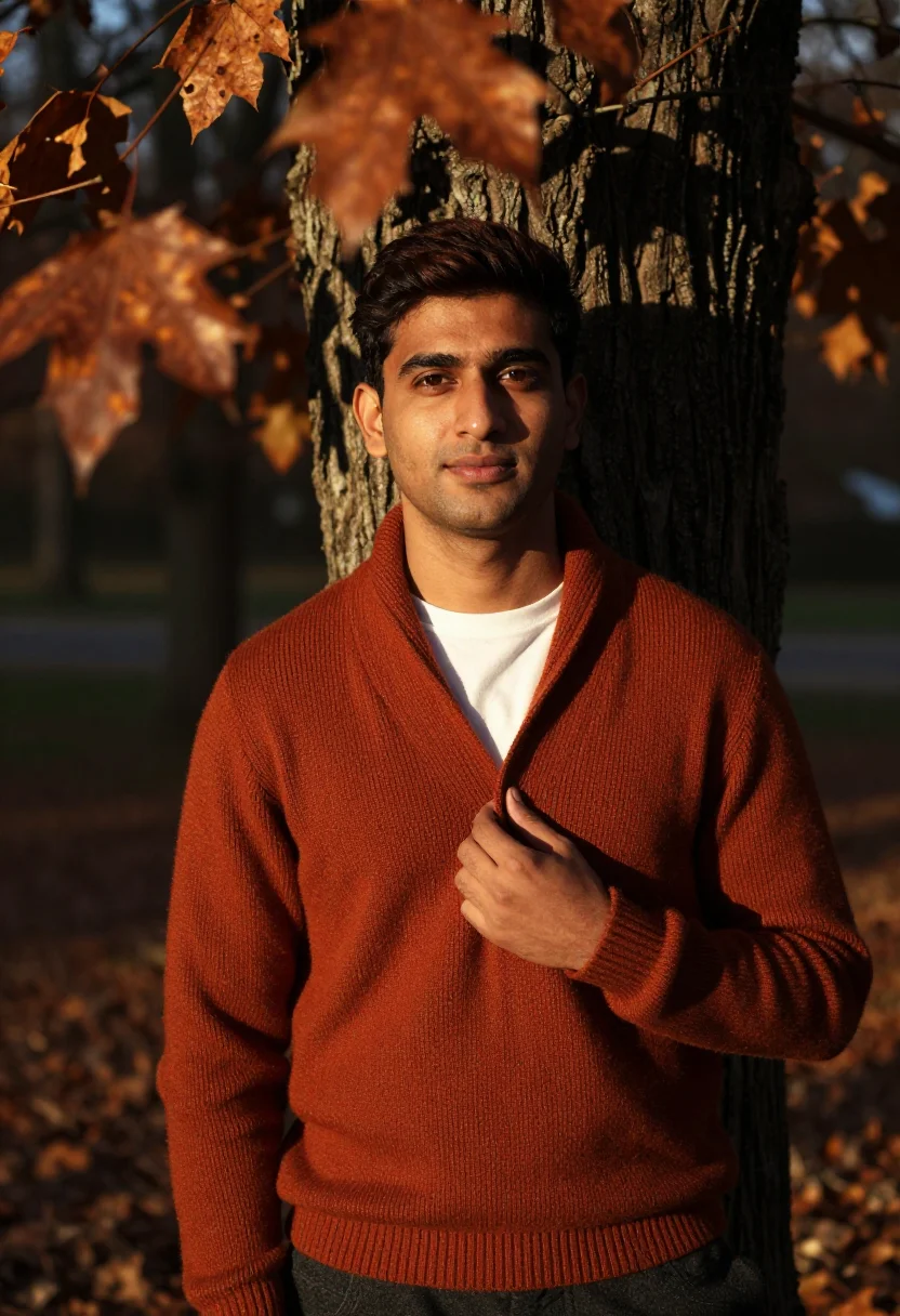 AI chestnut leaf headshot rust sample — portrait of a man, framed chest-up, cropped at the ribs, the