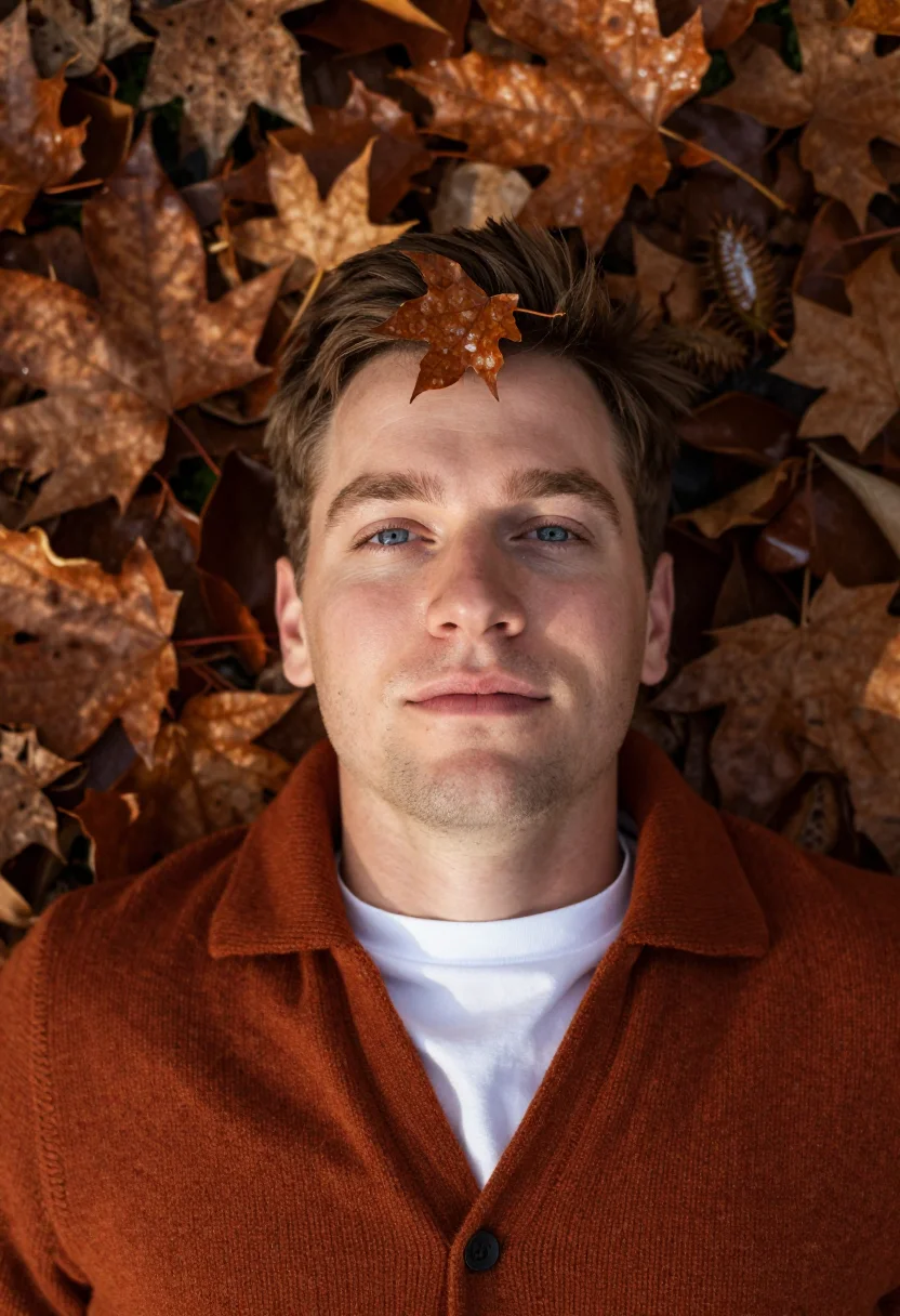 AI chestnut leaf headshot rust sample — portrait of a man, framed tight from directly above, head an