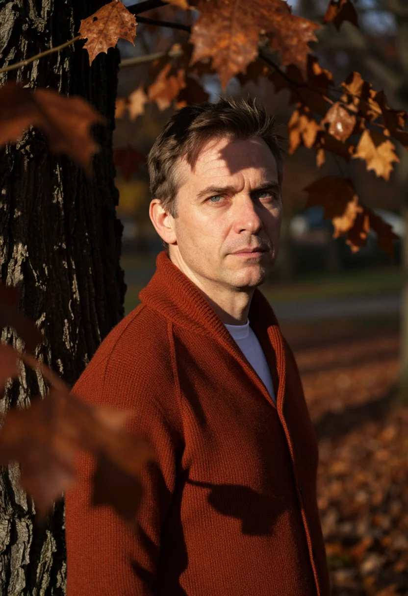 AI chestnut leaf headshot rust sample — portrait of a man, framed tight, head and shoulders, the bod