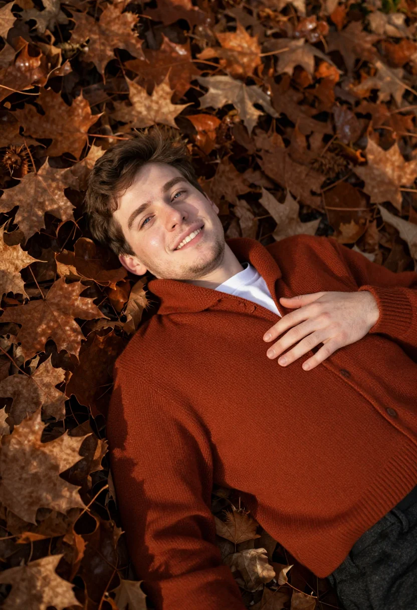 AI chestnut leaf headshot rust sample — portrait of a man, framed waist-up from above at three-quart