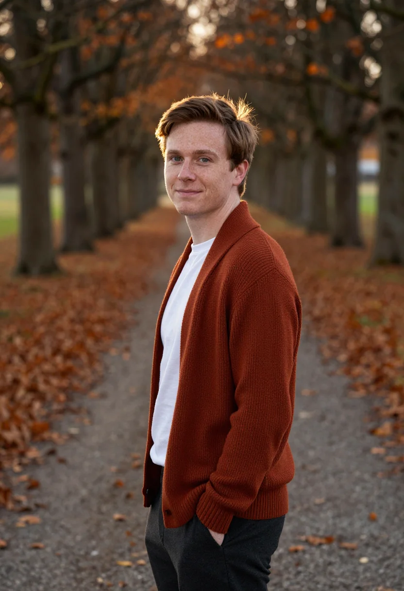 AI chestnut leaf headshot rust sample — portrait of a man, framed tight, head and shoulders, the bod