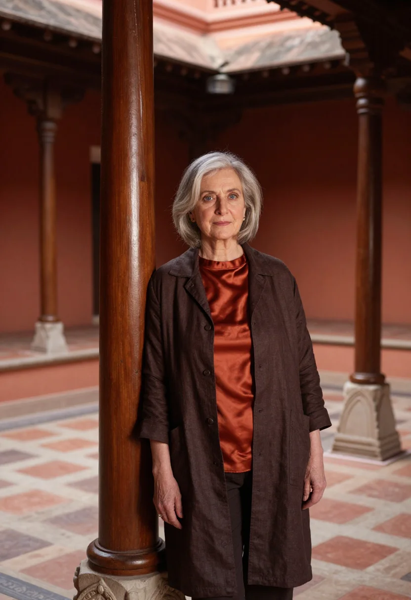 AI chettinad mansion architect terracotta teak sample — portrait of a woman, an architect in her sixties of British