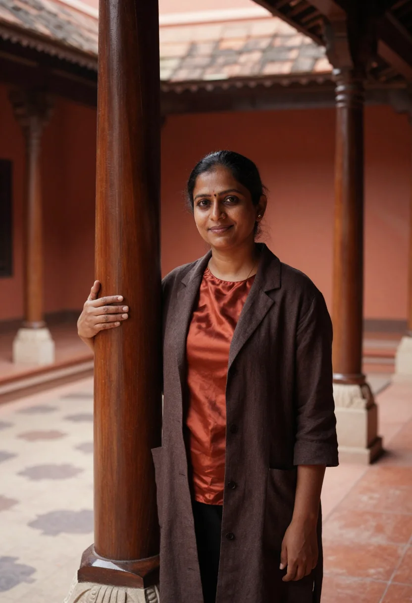 AI chettinad mansion architect terracotta teak sample — portrait of a woman, an architect in her forties of Sri Lank