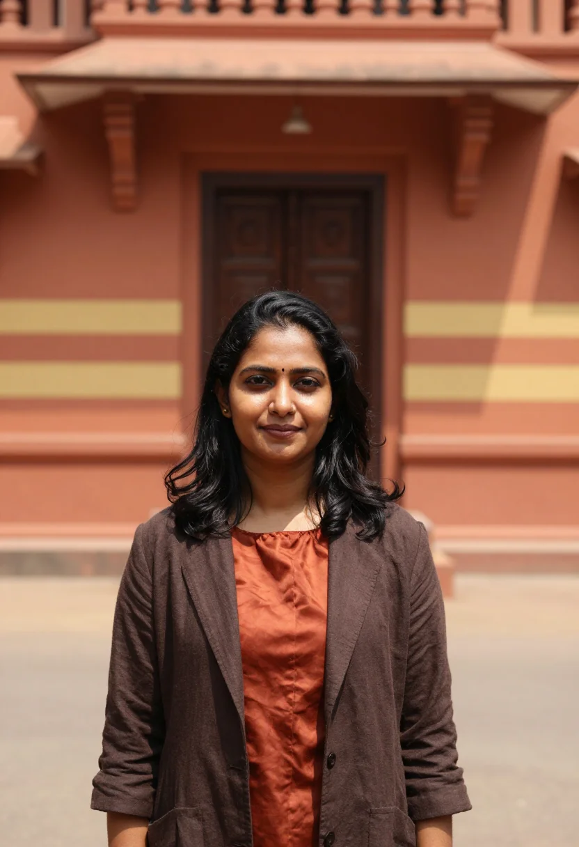 AI chettinad mansion architect terracotta teak sample — portrait of a woman, an architect in her thirties of Malayal