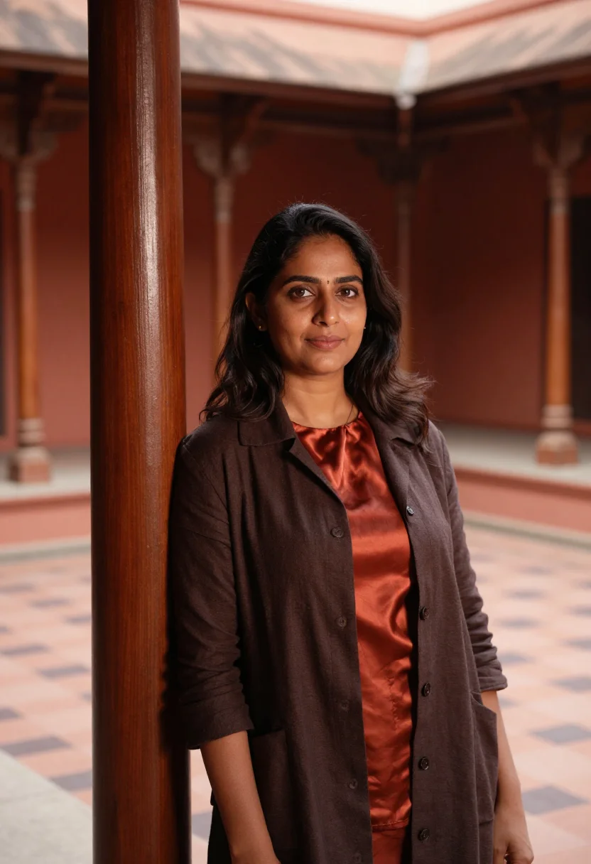 AI chettinad mansion architect terracotta teak sample — portrait of a woman, an architect in her late thirties of An