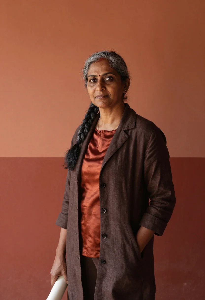 AI chettinad mansion architect terracotta teak sample — portrait of a woman, an architect in her fifties of Tamil de