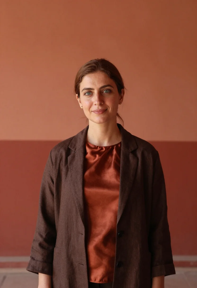 AI chettinad mansion architect terracotta teak sample — portrait of a woman, an architect in her thirties of French