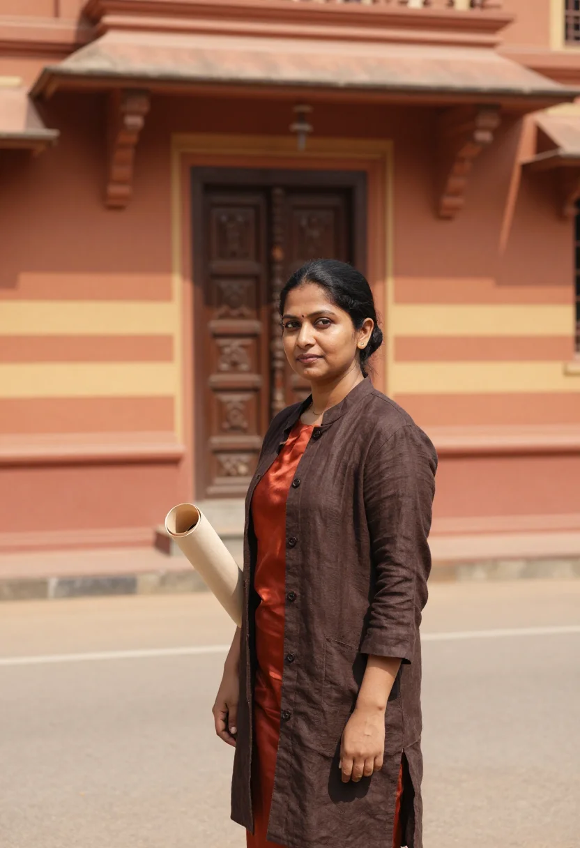 AI chettinad mansion architect terracotta teak sample — portrait of a woman, an architect in her forties of Tamil de