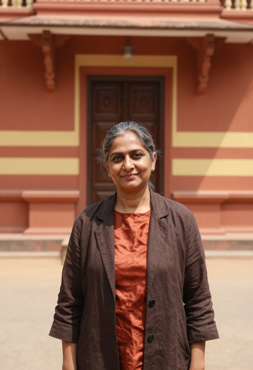 AI chettinad mansion architect terracotta teak sample — portrait of a woman, an architect in her fifties of Italian