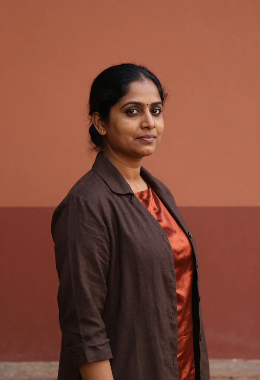 AI chettinad mansion architect terracotta teak sample — portrait of a woman, an architect in her forties of Tamil Ch