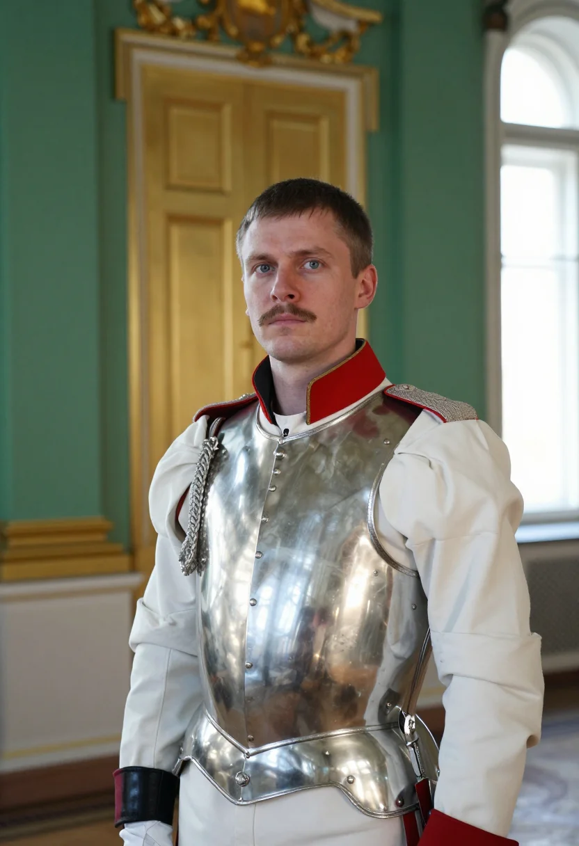 AI chevalier garde sample — portrait of a man, close chest-up over-shoulder portrait of