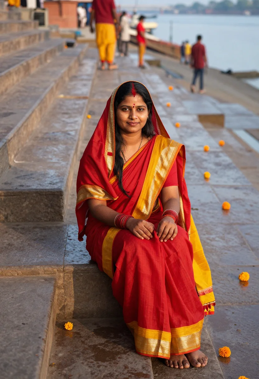 AI chhath puja sample — portrait of a woman, seated three-quarter portrait from abov