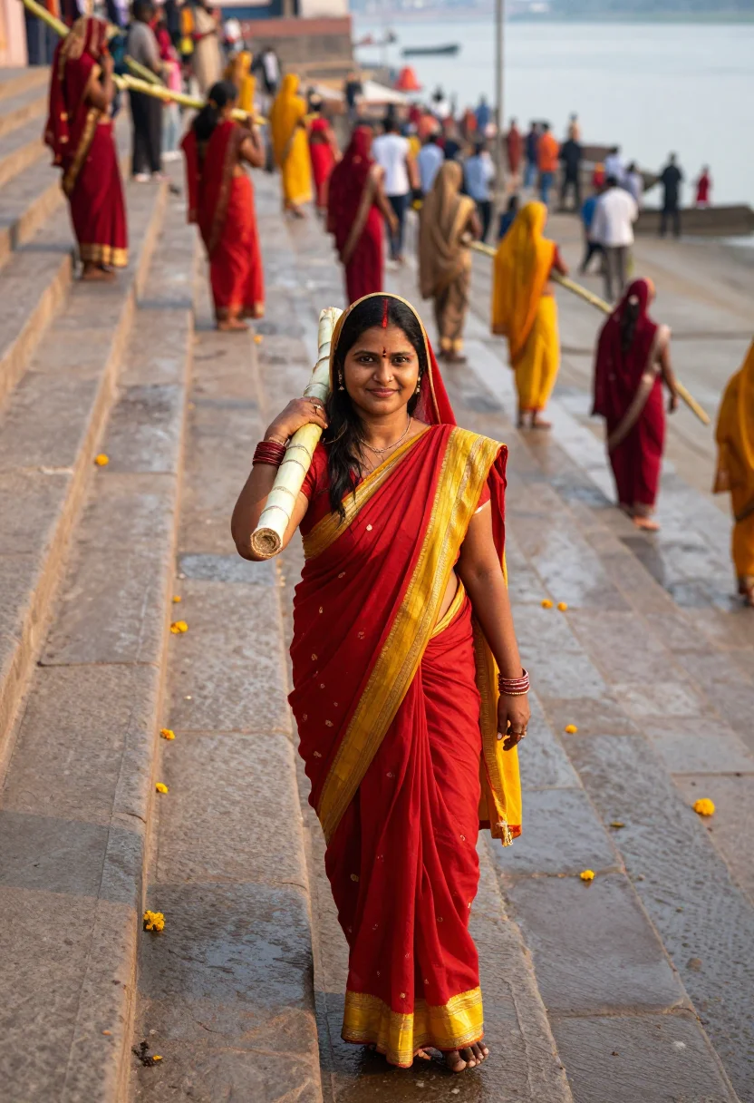 AI chhath puja sample — portrait of a woman, full-length portrait from high above of
