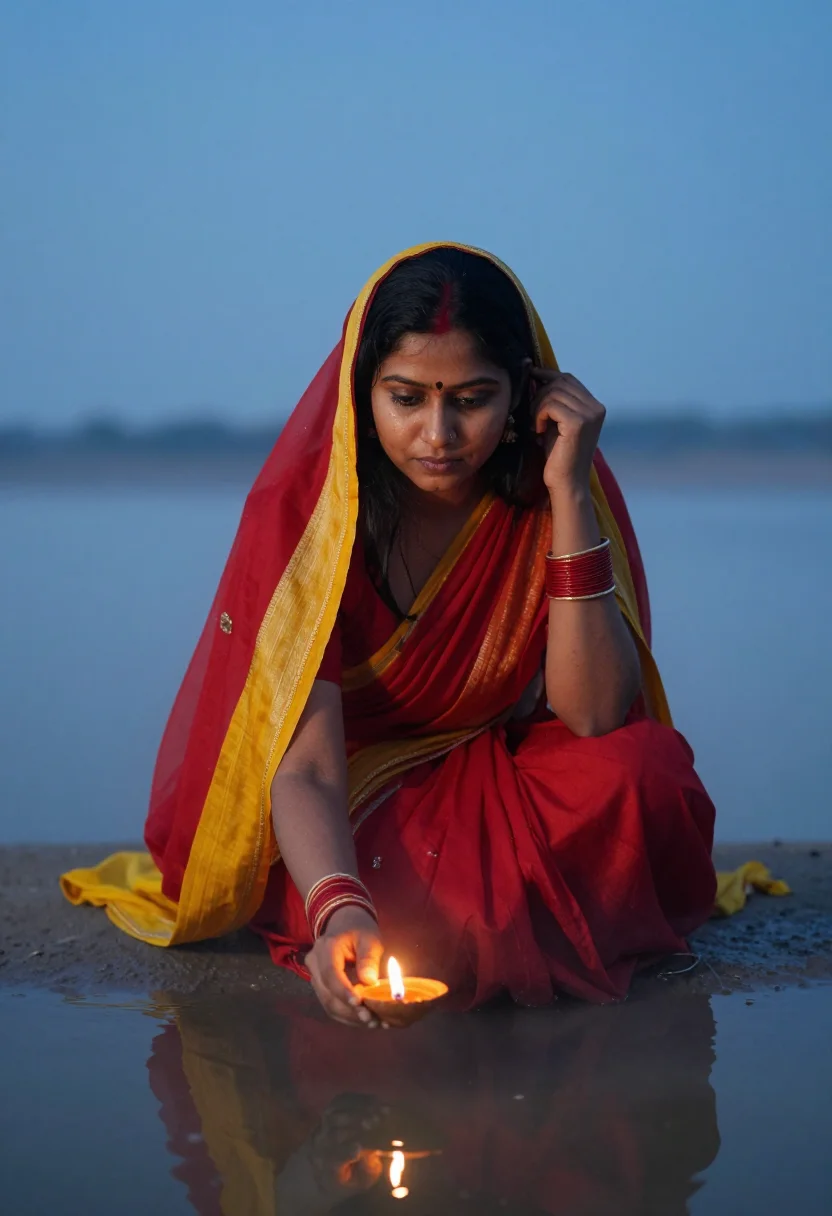 AI chhath puja sample — portrait of a woman, waist-up portrait of a North Indian wom