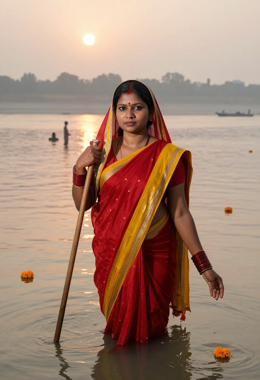 AI chhath puja sample — portrait of a woman, three-quarter portrait from slightly ab