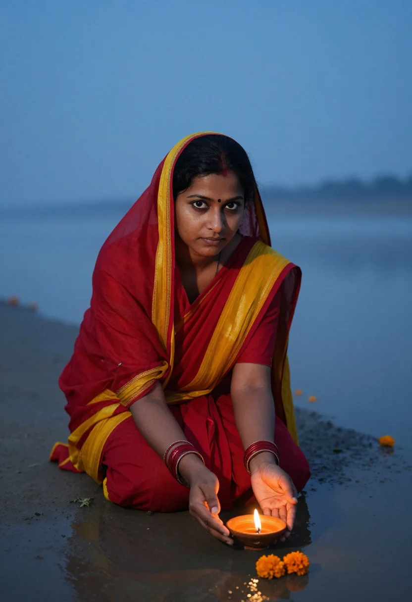 AI chhath puja sample — portrait of a woman, three-quarter portrait from slightly ab