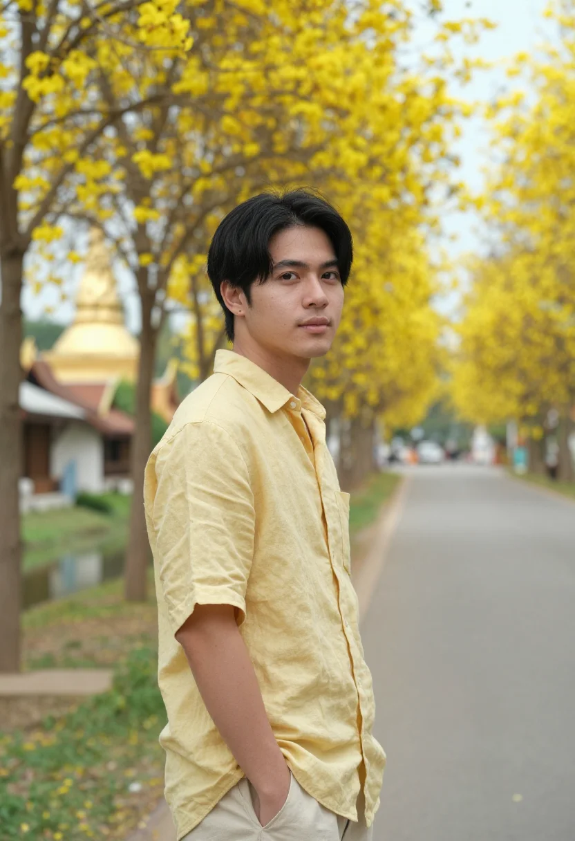 AI chiang mai golden shower may yellow sample — portrait of a man, a Japanese traveller in his late twenties