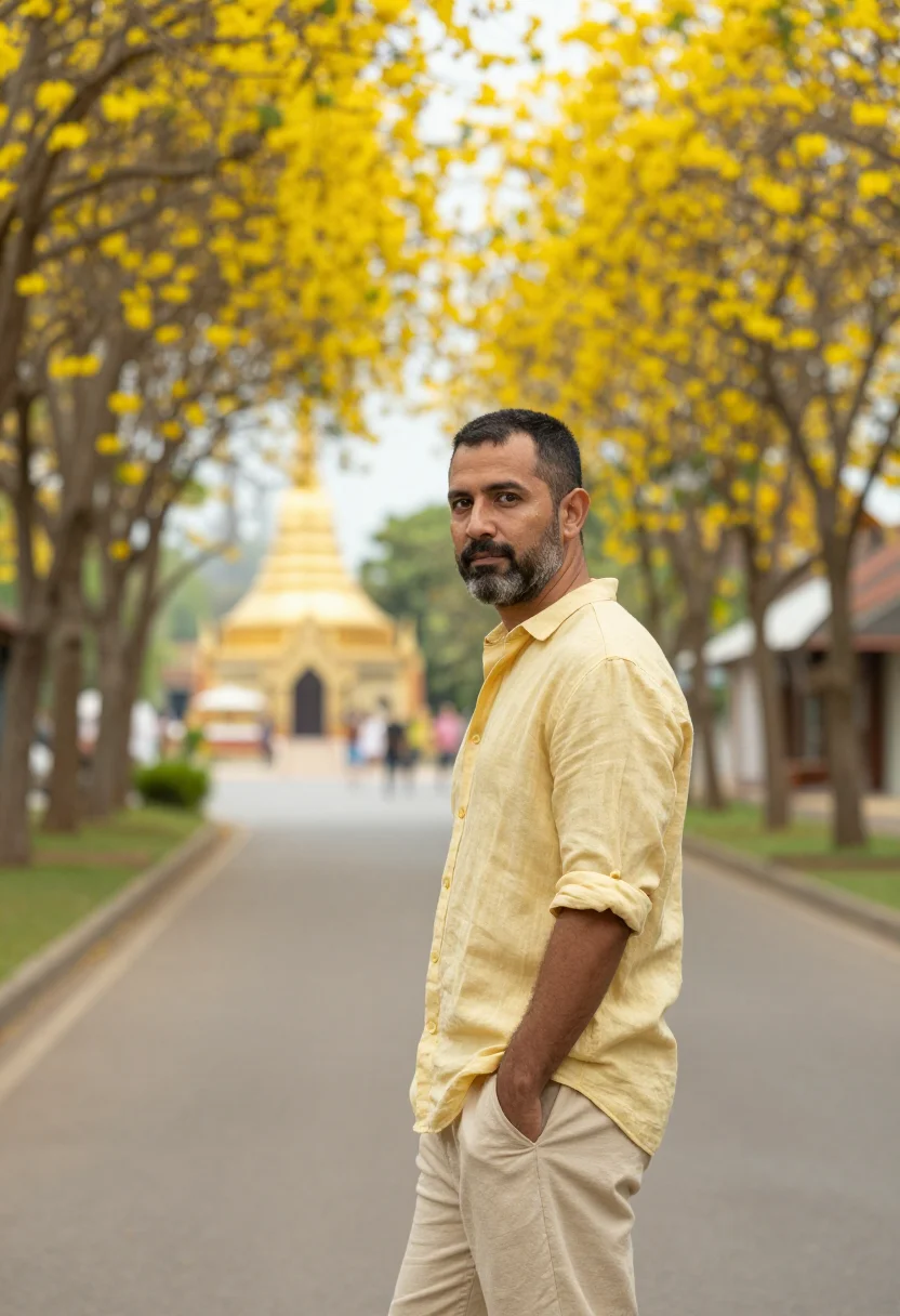 AI chiang mai golden shower may yellow sample — portrait of a man, a Portuguese traveller in his forties wit