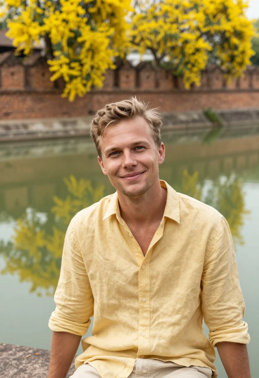AI chiang mai golden shower may yellow sample — portrait of a man, an English traveller in his early thirtie