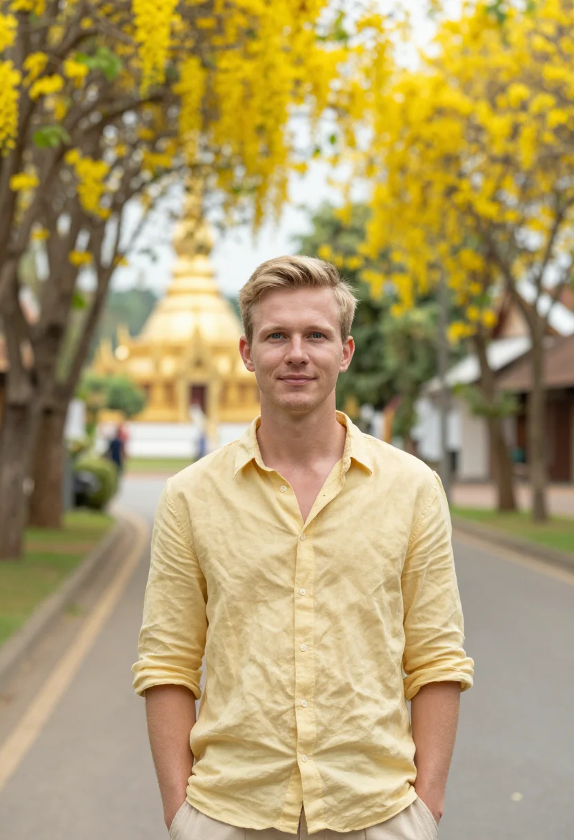 AI chiang mai golden shower may yellow sample — portrait of a man, a German traveller in his early thirties
