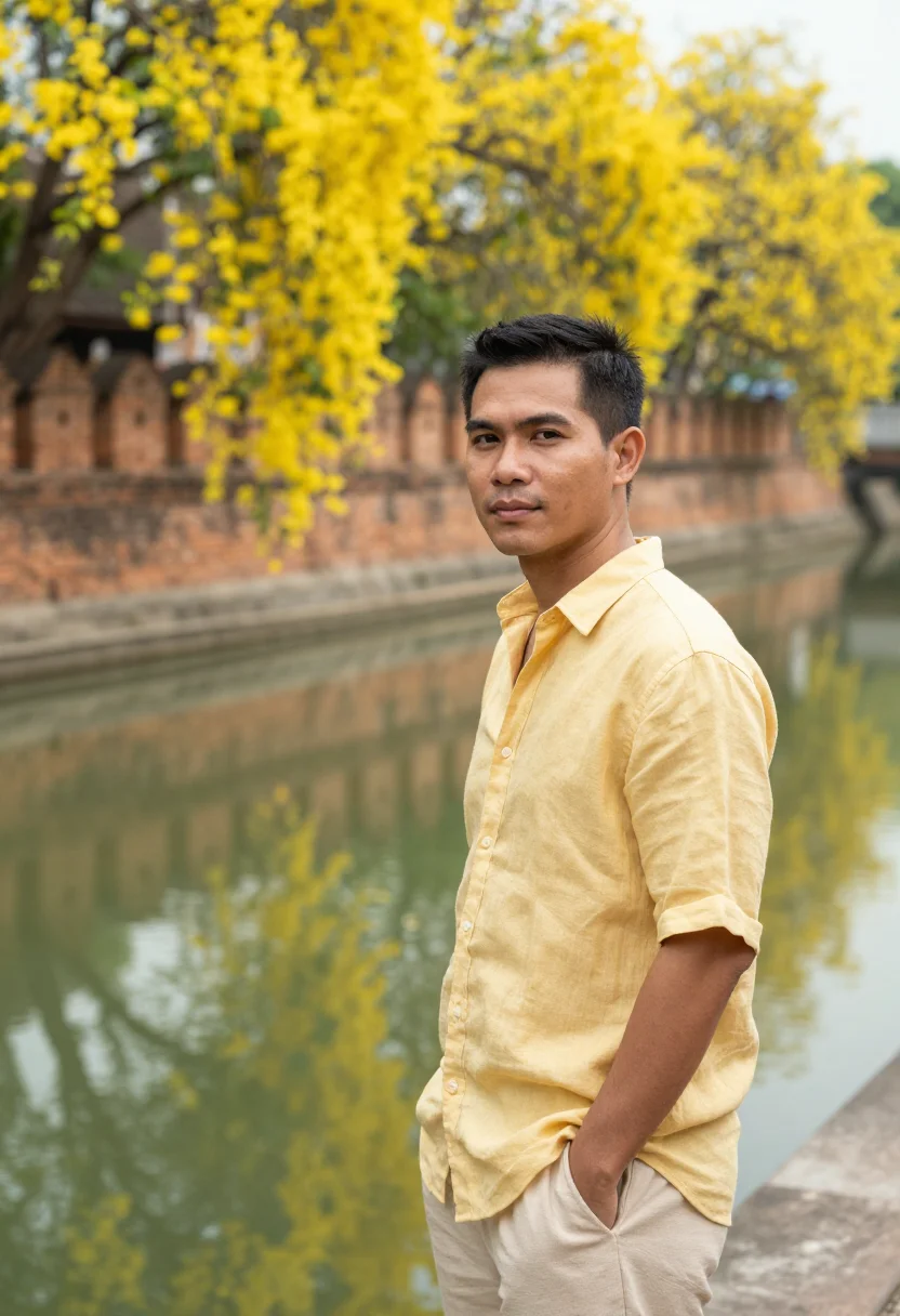 AI chiang mai golden shower may yellow sample — portrait of a man, a Thai traveller in his mid-thirties with