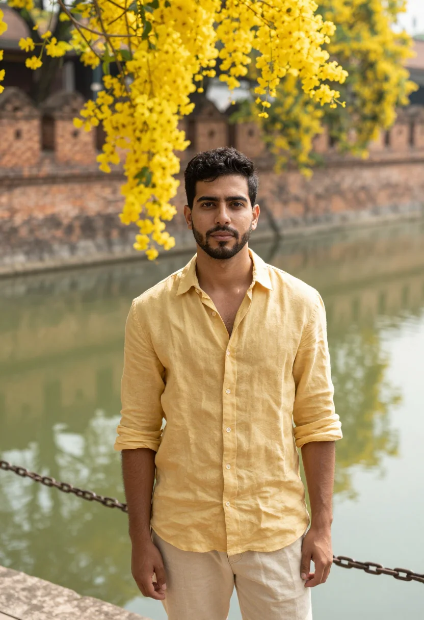 AI chiang mai golden shower may yellow sample — portrait of a man, a Spanish traveller in his late twenties