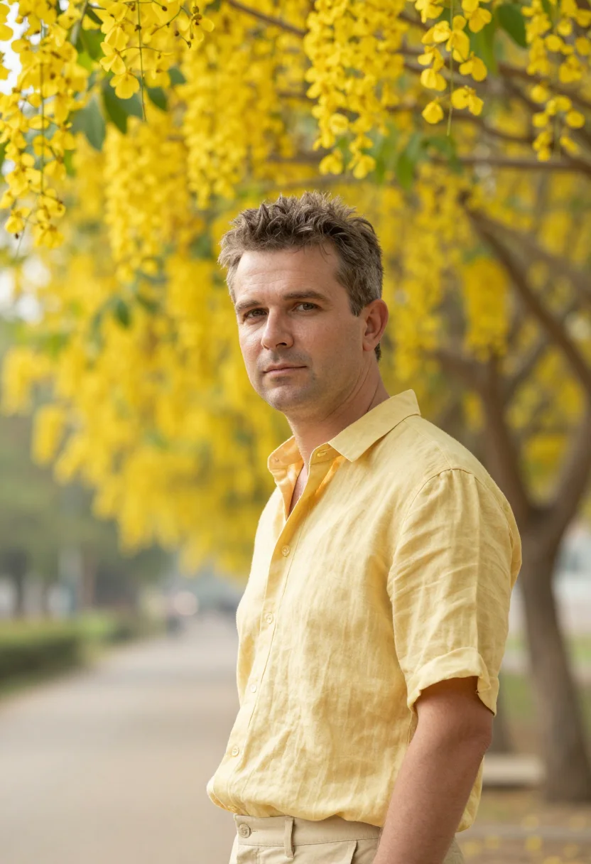 AI chiang mai golden shower may yellow sample — portrait of a man, a French traveller in his late thirties w