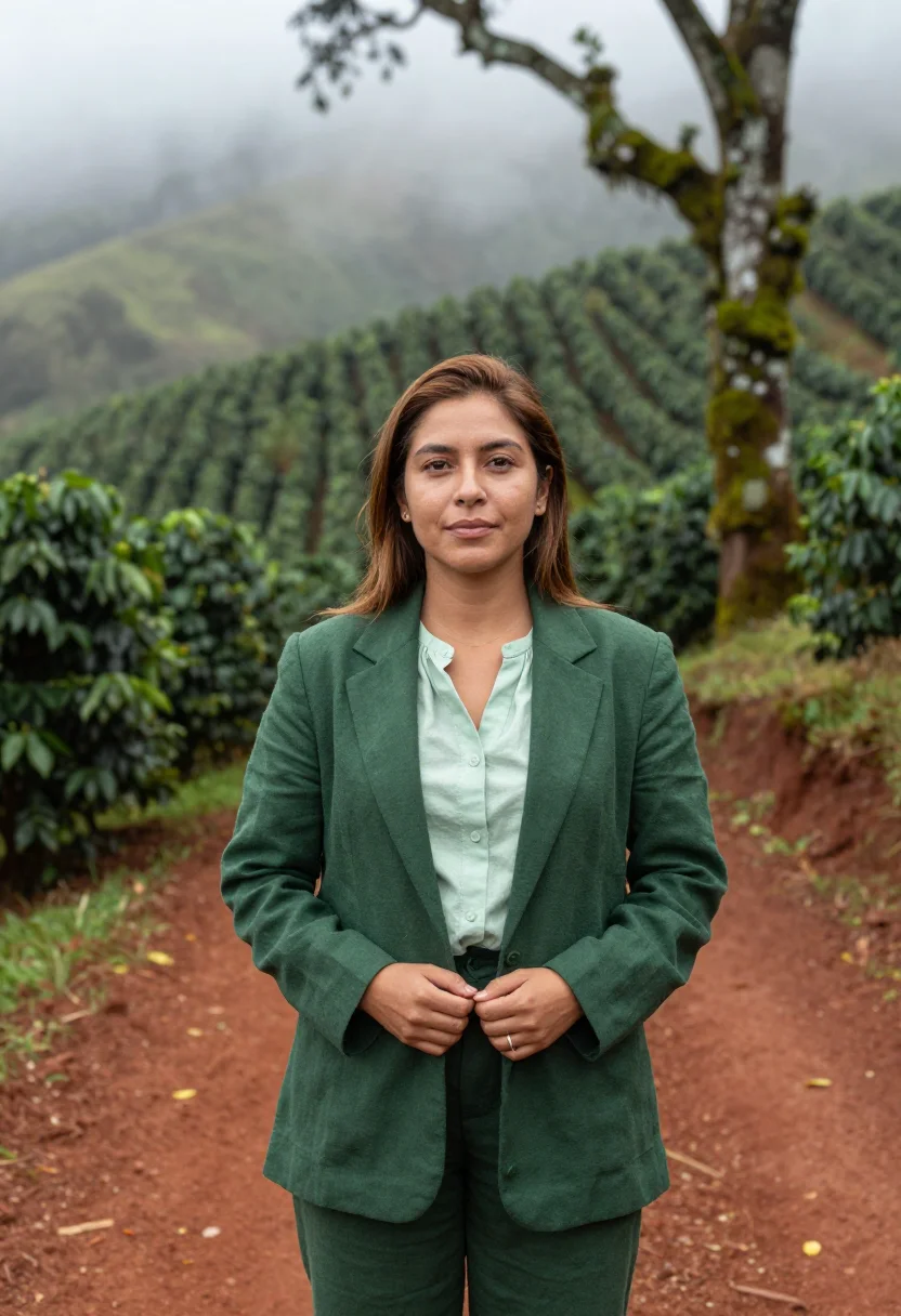 AI chiapas coffee entrepreneur cloud forest green sample — portrait of a woman, a Spanish coffee entrepreneur in her la