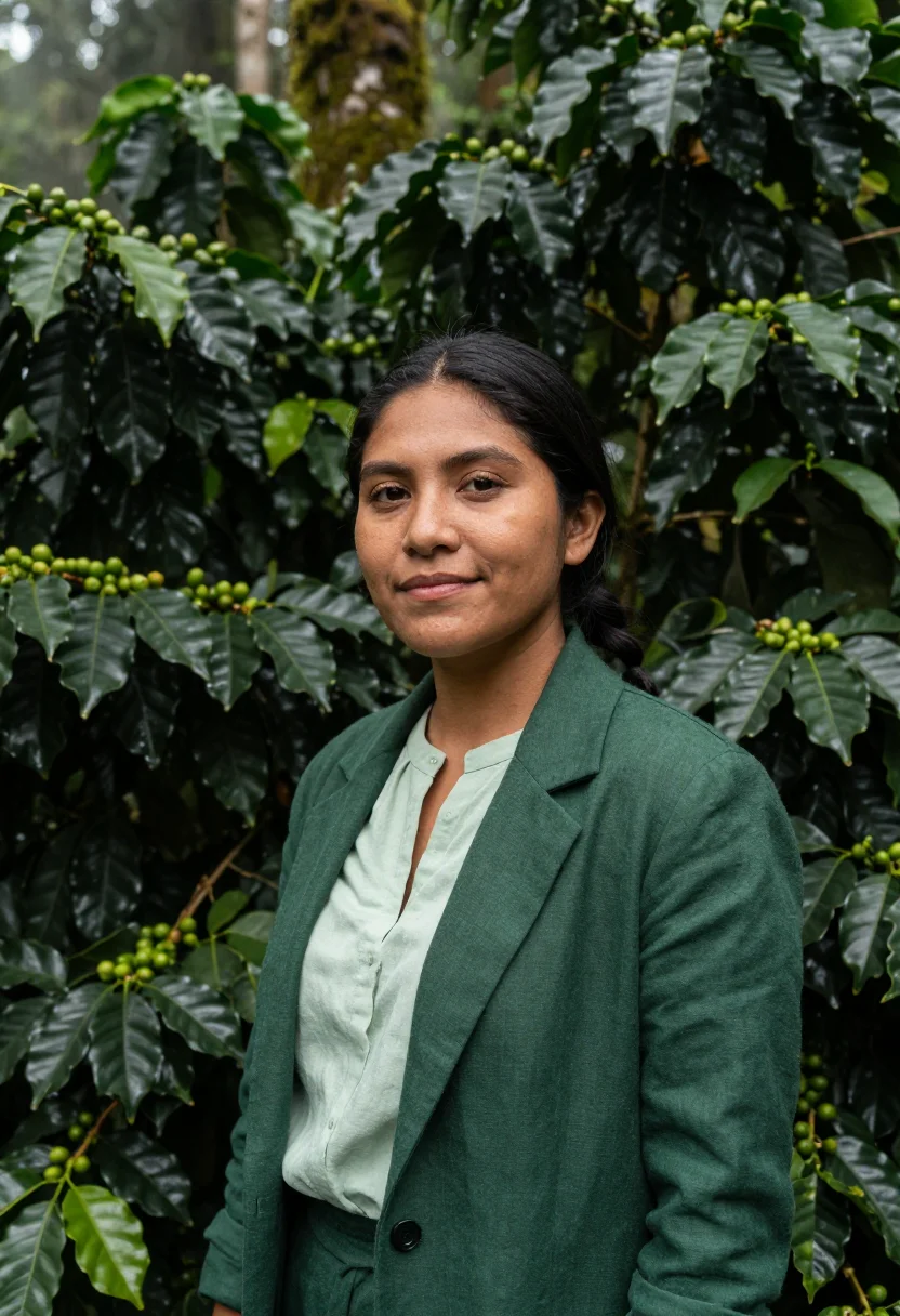 AI chiapas coffee entrepreneur cloud forest green sample — portrait of a woman, a Tzeltal coffee entrepreneur in her ea