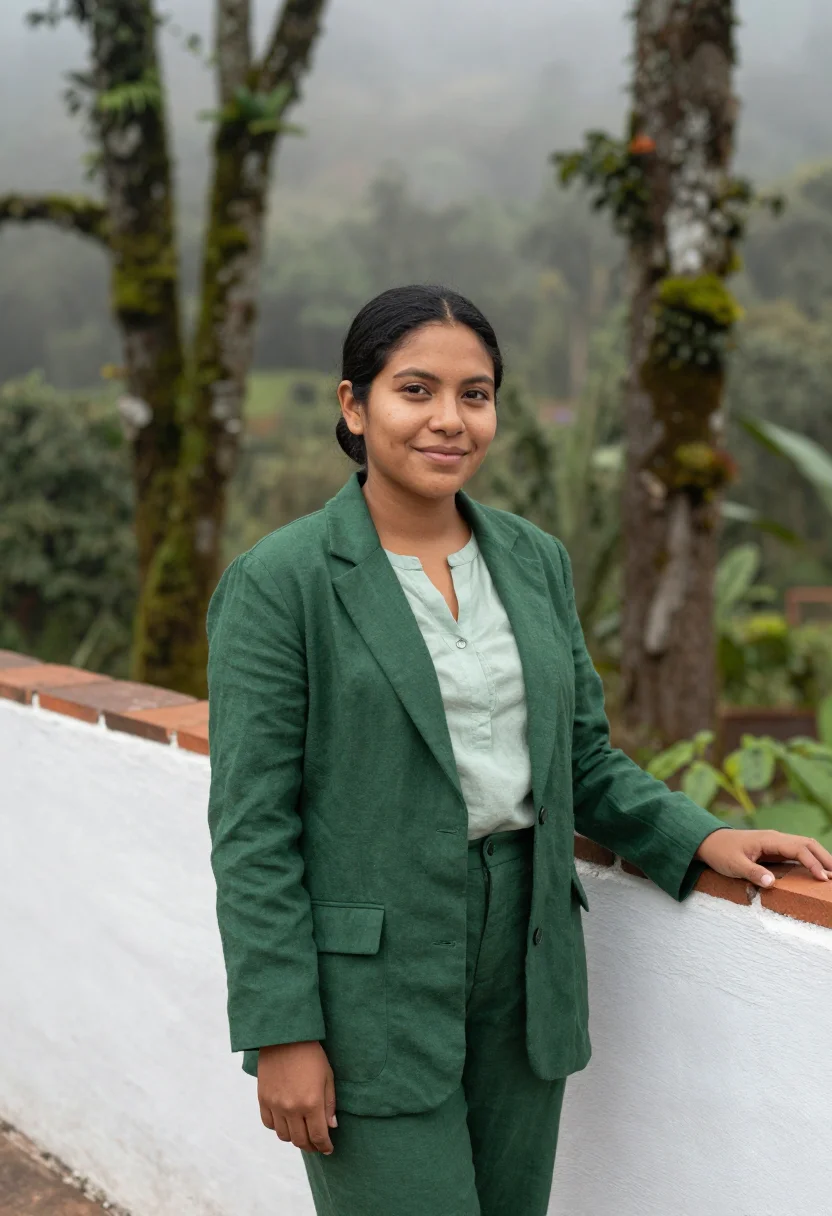 AI chiapas coffee entrepreneur cloud forest green sample — portrait of a woman, a Tzotzil coffee entrepreneur in her la