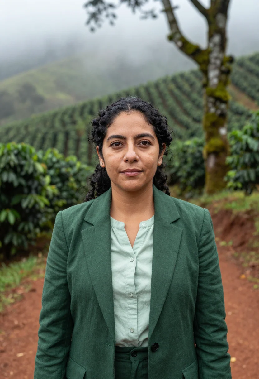 AI chiapas coffee entrepreneur cloud forest green sample — portrait of a woman, a Mexican coffee entrepreneur in her mi
