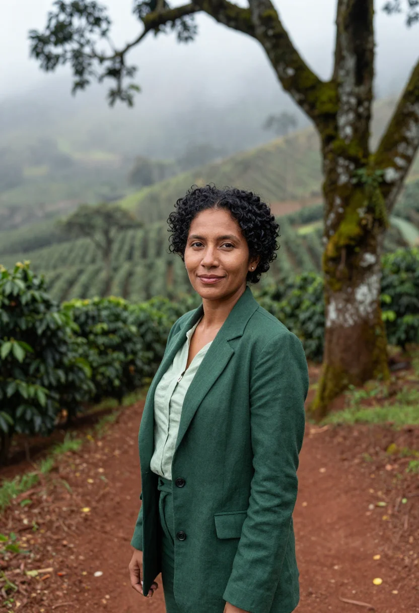 AI chiapas coffee entrepreneur cloud forest green sample — portrait of a woman, an Afro-Mexican coffee entrepreneur in