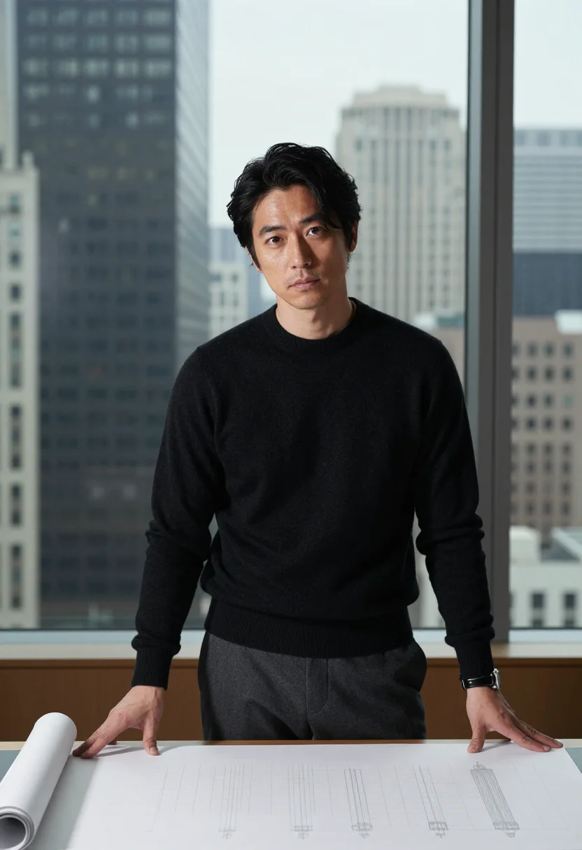 AI chicago drafting room sample — portrait of a man, chest-up portrait of a Japanese-American