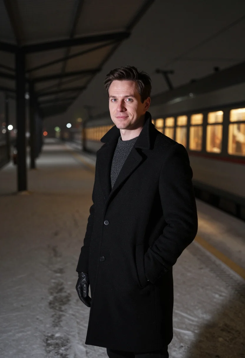 AI chicago l train night amber sample — portrait of a man, framed half-length from the head to the h