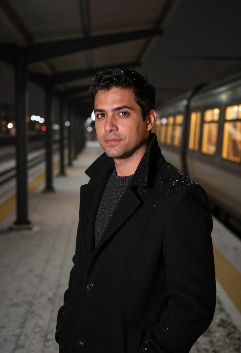 AI chicago l train night amber sample — portrait of a man, framed tight, head and shoulders, the bod