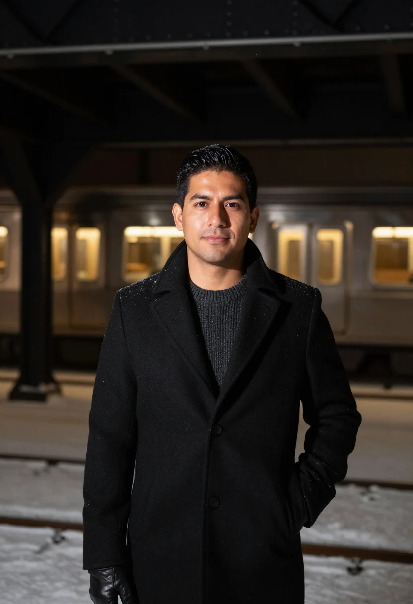 AI chicago l train night amber sample — portrait of a man, framed half-length from the head to the h