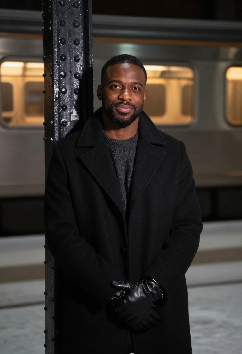 AI chicago l train night amber sample — portrait of a man, framed half-length from the head to the h