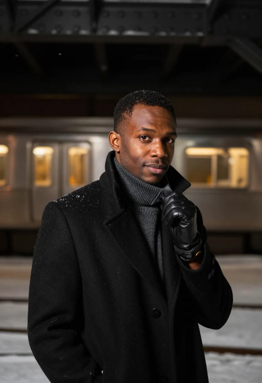 AI chicago l train night amber sample — portrait of a man, framed chest-up, cropped at the ribs, the