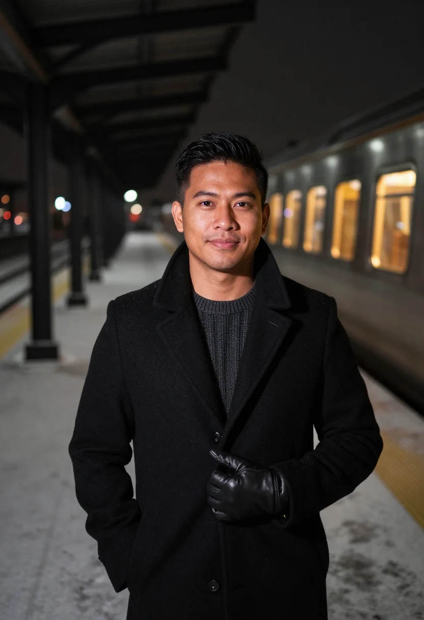 AI chicago l train night amber sample — portrait of a man, framed chest-up, cropped at the ribs, the