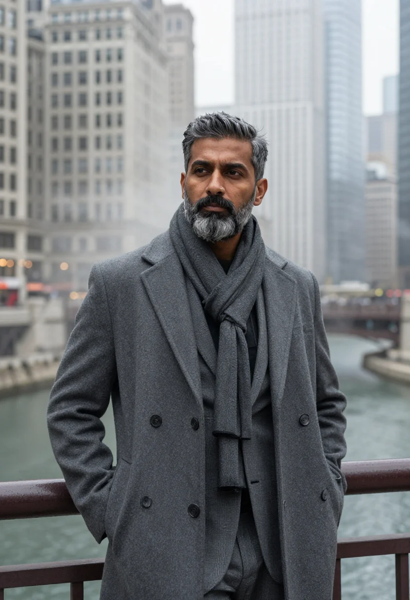 AI chicago lakefront steel sample — portrait of a man, framed chest-up, a South-Asian man in his