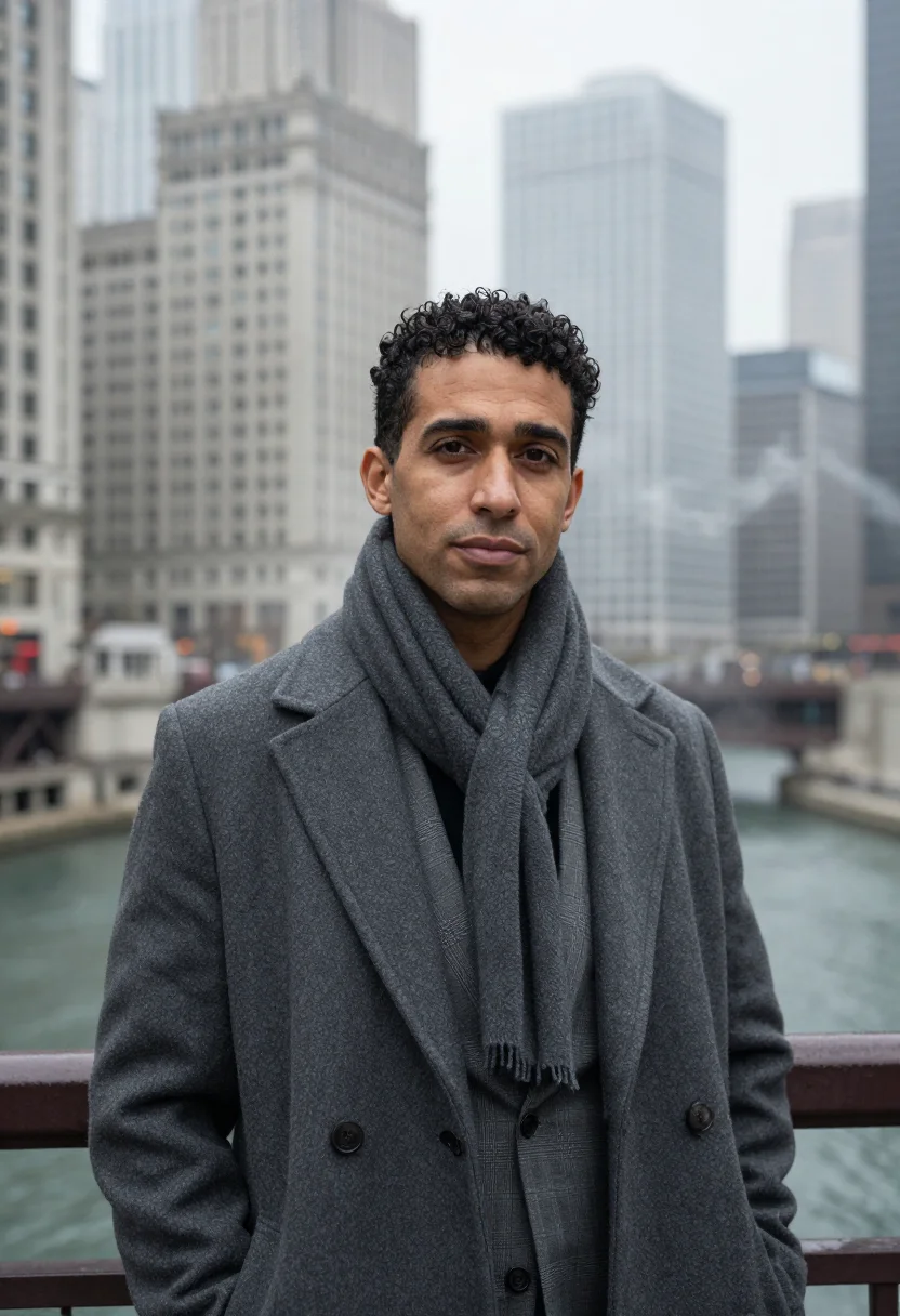 AI chicago lakefront steel sample — portrait of a man, framed tight, head and shoulders, a Medit