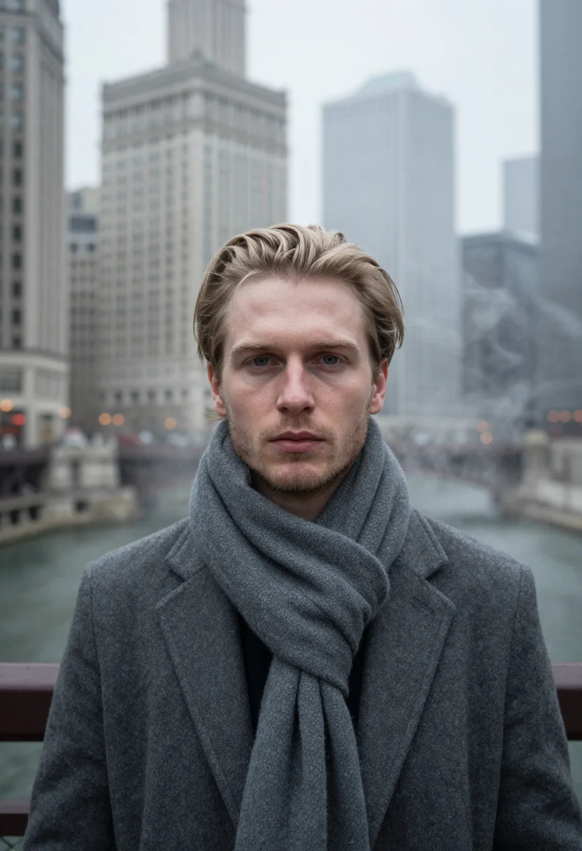 AI chicago lakefront steel sample — portrait of a man, framed very tight on the face, a Western-