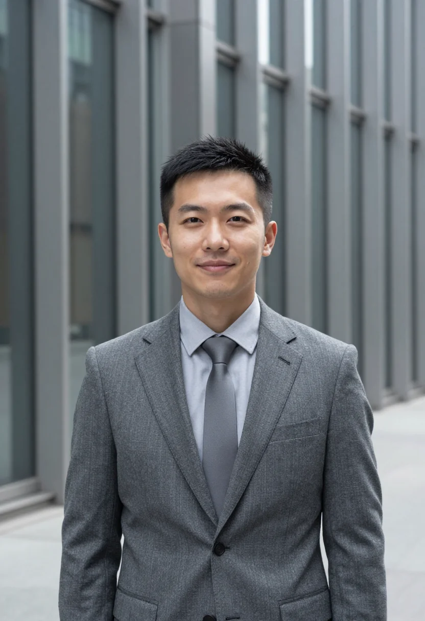 AI chicago lakefront steel sample — portrait of a man, framed chest-up, an East-Asian man in his