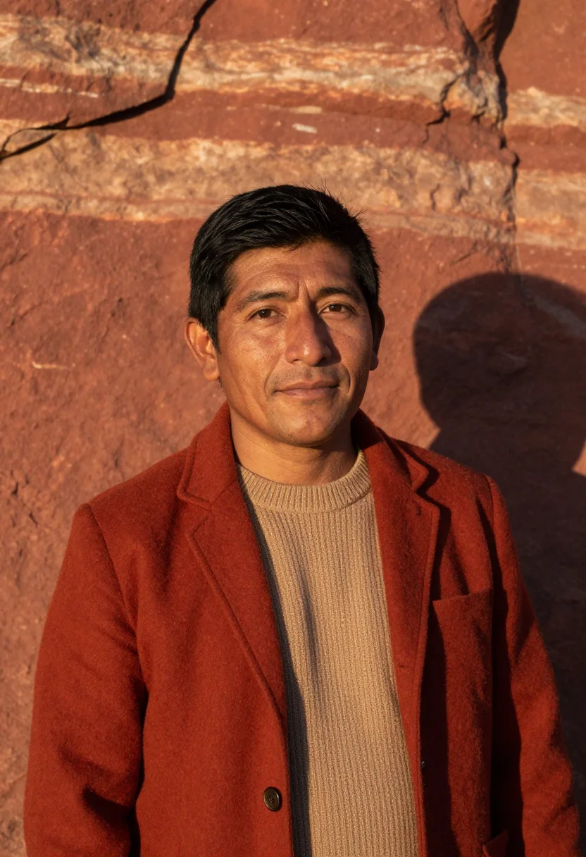 AI chihuahua copper canyon geologist red rock sample — portrait of a man, a Rarámuri geologist in his late thirties