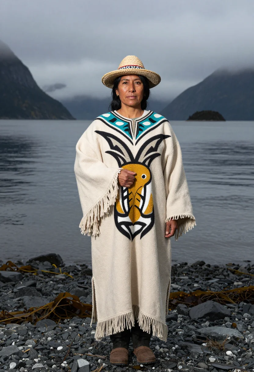AI chilkat sample — portrait of a woman, full-length portrait of a Tlingit woman