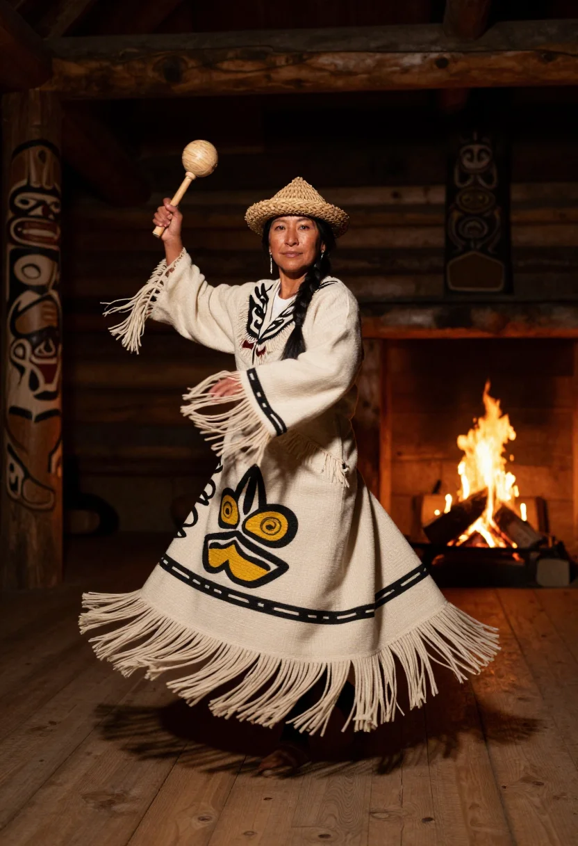 AI chilkat sample — portrait of a woman, full-length portrait of a Tlingit woman