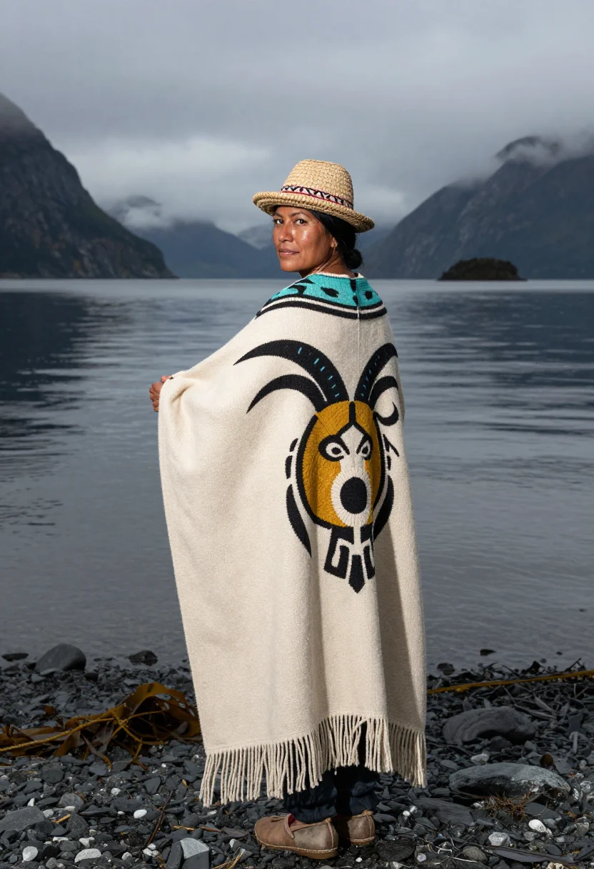 AI chilkat sample — portrait of a woman, three-quarter-length portrait of a Tlin