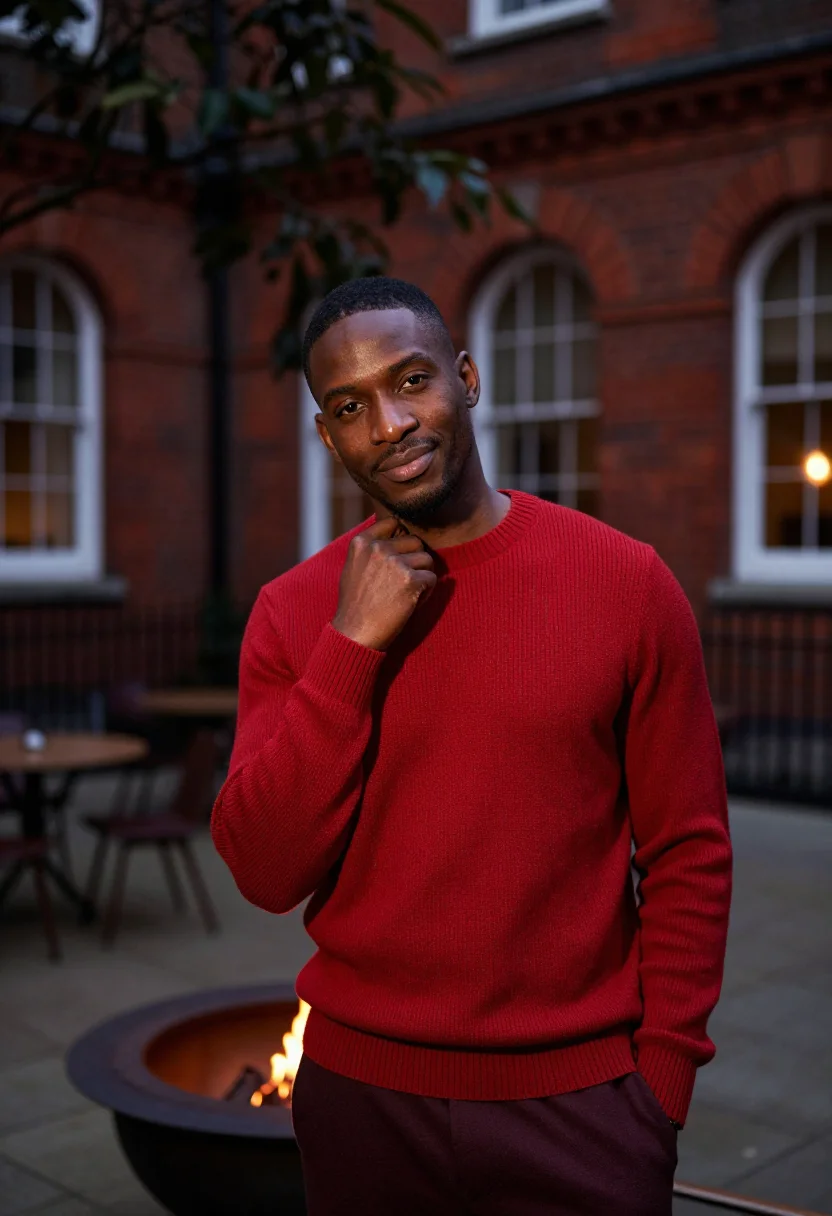 AI chiltern firehouse marylebone red brick courtyard sample — portrait of a man, a Jamaican-British guest in his early thi