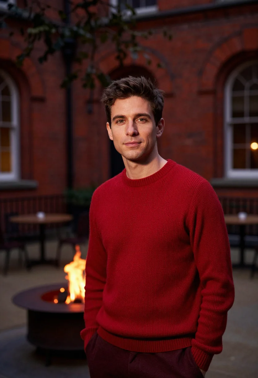 AI chiltern firehouse marylebone red brick courtyard sample — portrait of a man, a French guest in his mid-thirties with w