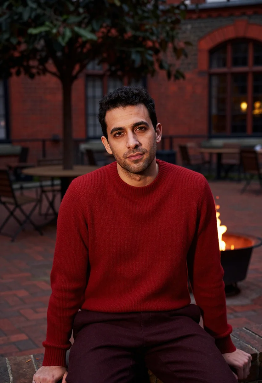 AI chiltern firehouse marylebone red brick courtyard sample — portrait of a man, a Greek guest in his mid-forties with gol